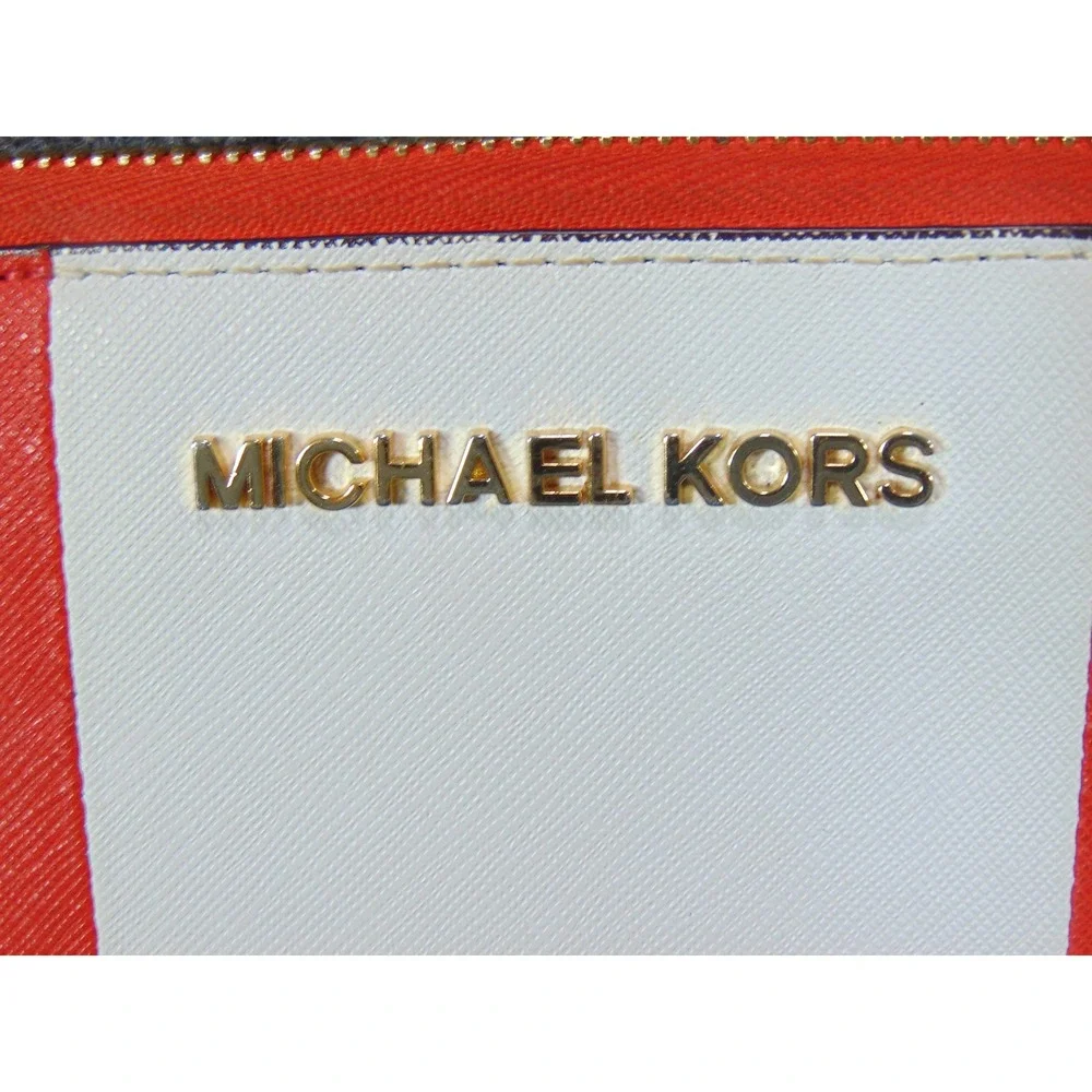 Michael Kors Orange White Stripe Zip Around Wristlet Wallet Clutch Gold Hardware - Picture 7 of 15